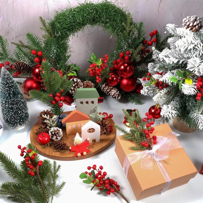 10PCS Christmas Pine Needle Branches Fake Plant Christmas Tree Ornament Decorations for Home DIY Wreath Gift Box Wedding Flowers