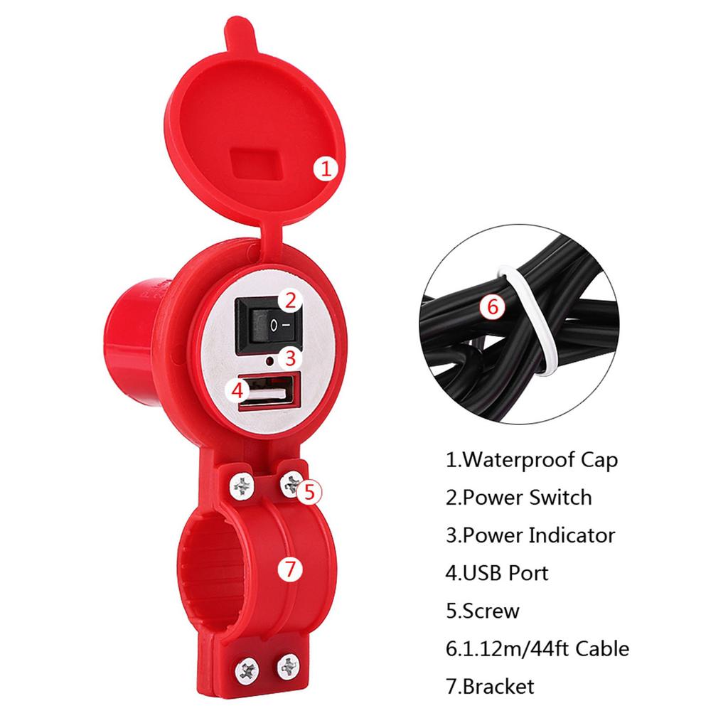 Universal Motorcycle USB Charger Socket Power Supply Port for Mobile Phone Waterproof Red