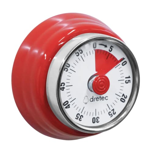 Dretec Dial Timer, Analog Timer, Kitchen, Retro, Cute, Study, Cooking, Loud Volume, Magnetic, Auto Shut-Off, Up to 60 Minutes, Red