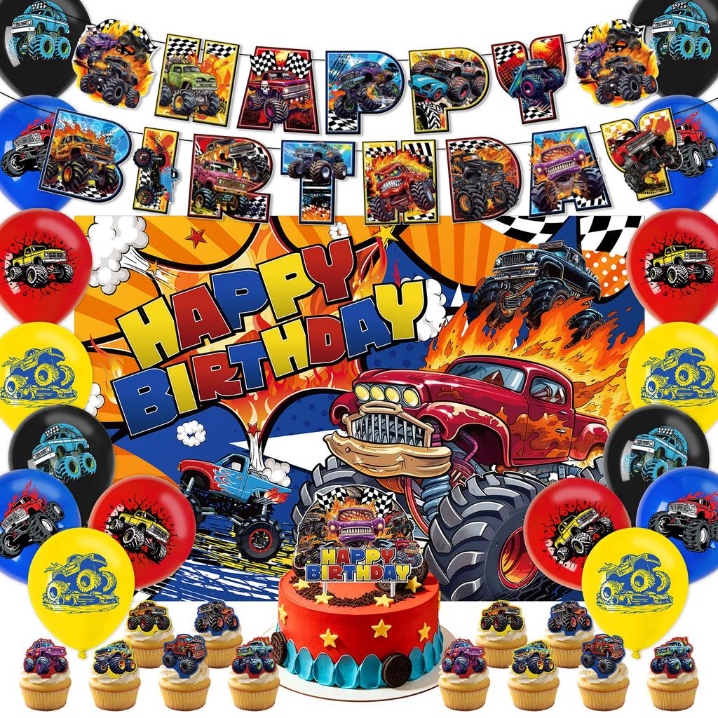 Monster Truck Birthday Party Decorations Happy Birthday Banner Cake Topper Balloon Set Cupcake Toppers Party Supplies for Kids