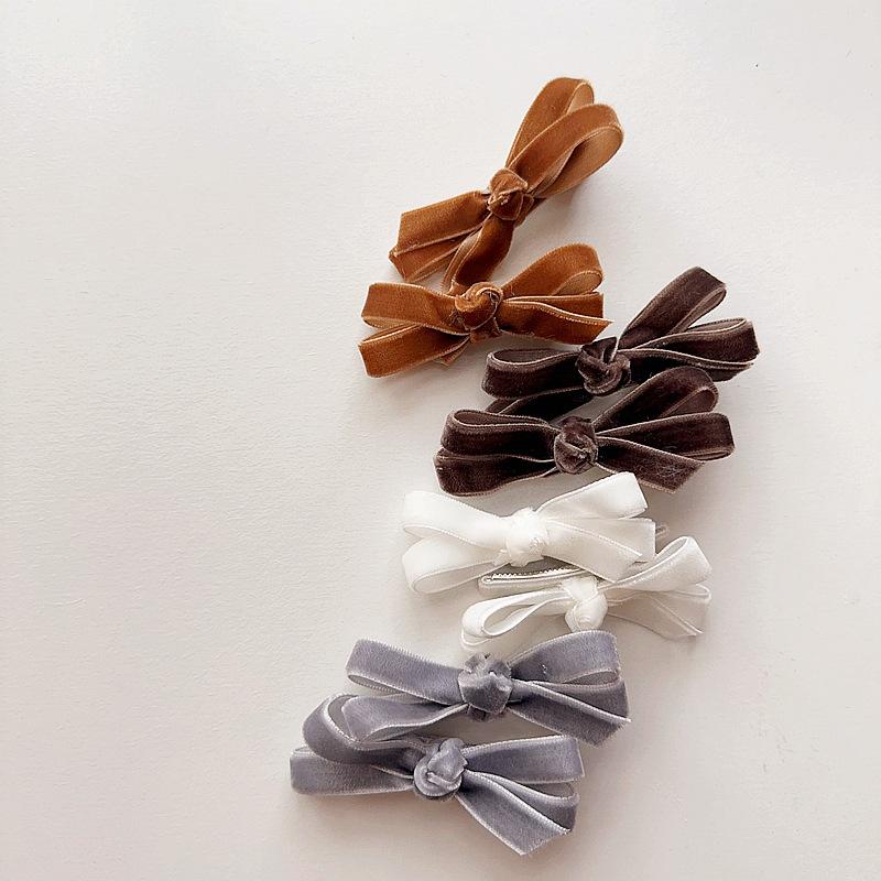 European-style Simple and Sweet Candy-colored Velvet Bow Tie Children's Cute Matching Accessories with Side Clips and Hair Clips