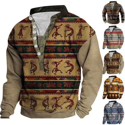 V-neck Sweater Men's 3d Digital Printing Stand Collar 6 Button Vintage Collar