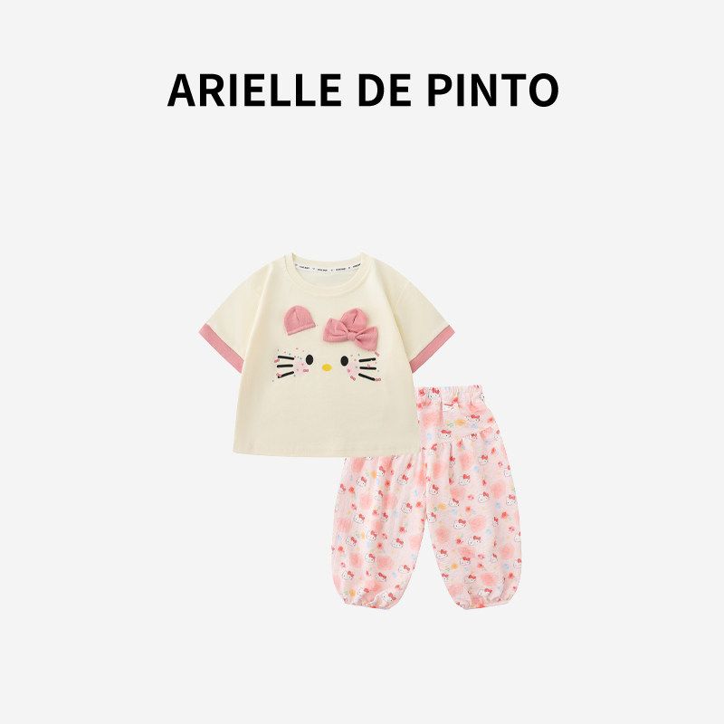 Французский стильный летний комплект для девочек Arielle De Pinto: двухпредметный, с коротким рукавом, полный принт, защита от комаров Suit 90