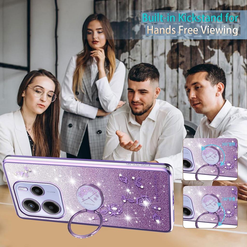 KADEM For Xiaomi Redmi Note 14 4G (164.84mm) Case Ring Kickstand TPU Flowers Phone Cover Gradient Glitter