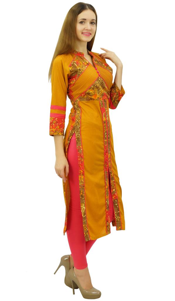 Phagun Women's Designer Mustard Tunic Solid Cotton Kurta Ethinc Ladies