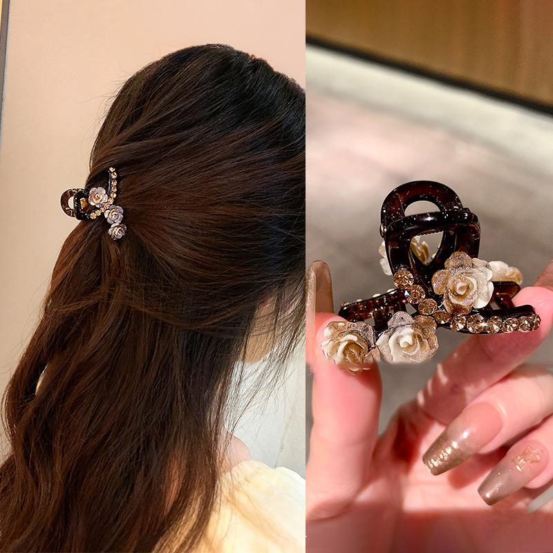 Camellia Pearl Hair Clip Girls Elegant Ponytail Clip Shark Clip Sweet Big Crab Claw Hair Accessories Headwear