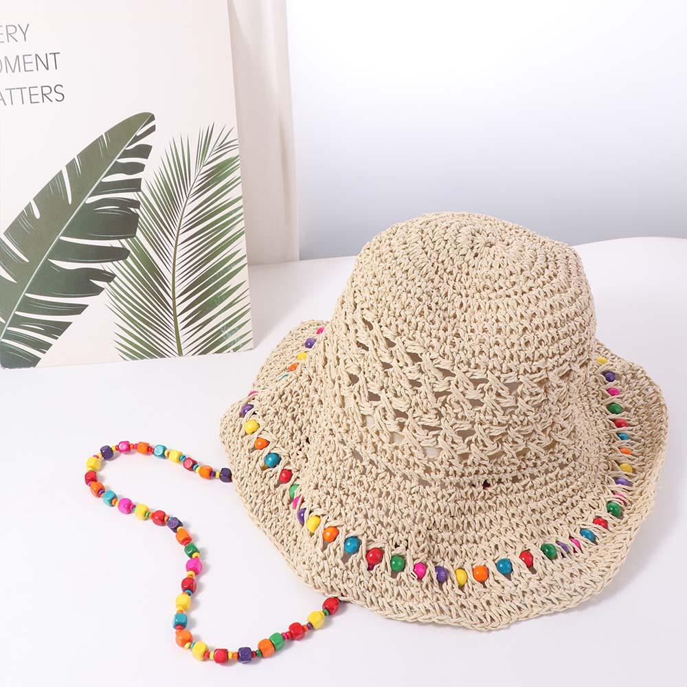Pastoral Style Big Brim Sun Hat Colored Beads UV Protection Cap Fashion Women Straw Hat  Female