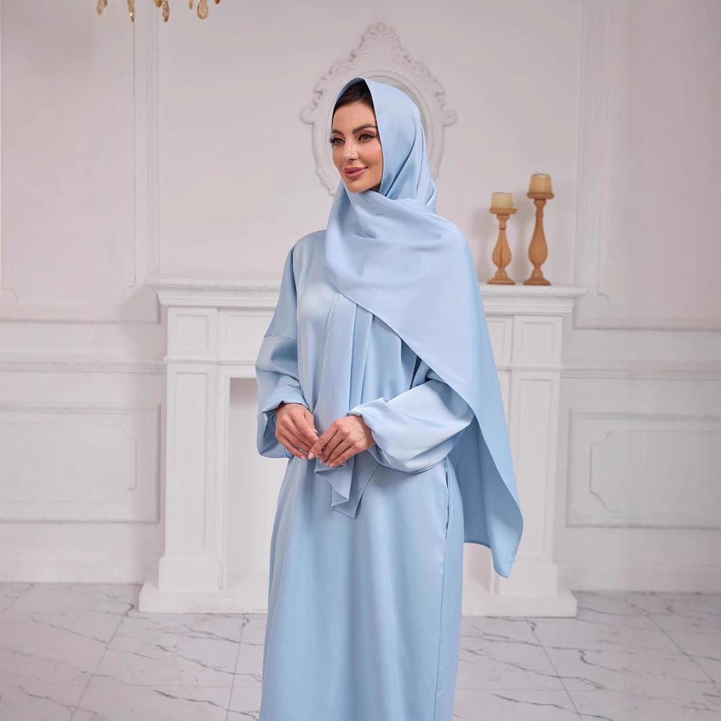 Women's Solid Color Long Sleeve Round Neck Hijab Muslim Robe