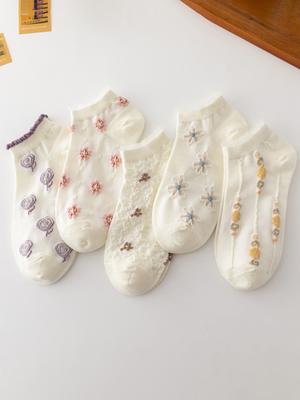 5 Pairs Women's Fashion Short Socks Simplicity Spring Summer High Quality Girl Sock Stripe Versatile Comfort Leisure Ankle Socks