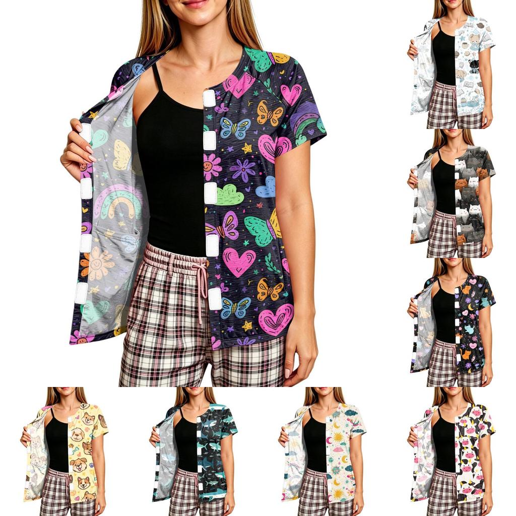 Damen Post-OP Kurzarmhemd Vier Taschen Knopfleiste Cartoon-Print Bequeme Passform Medizinische Genesungs-Top