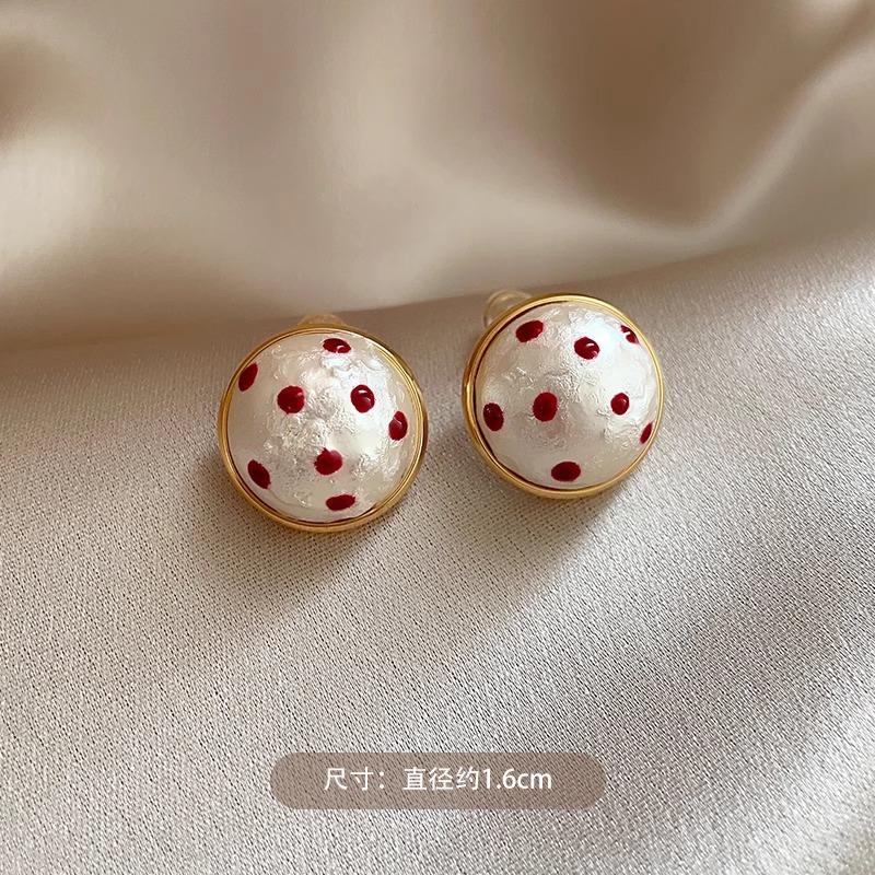 Hemisphere Red Polka Dot Pearl Stud Earrings Fashion Simple Earrings Natal Year Earrings