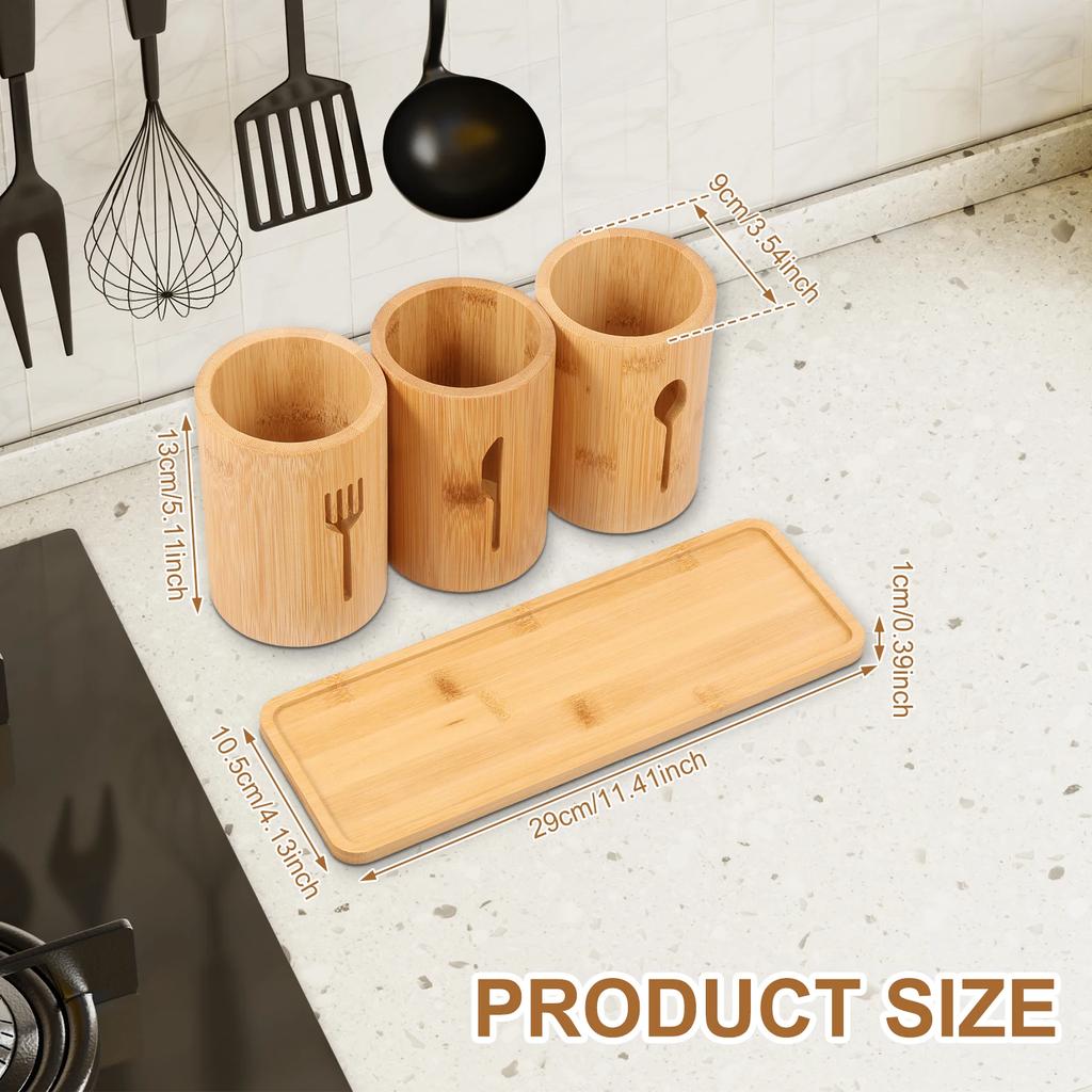 3 Pcs Bamboo Utensil Holder with Tray Cutlery Containers Drying Rack Kitchen Knife Spoon Fork Storage Tableware Organizer
