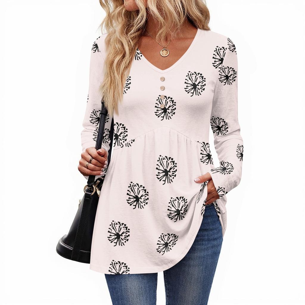 Women's Casual Fashion V-Neck Button Retro Floral Print Long Sleeve Top