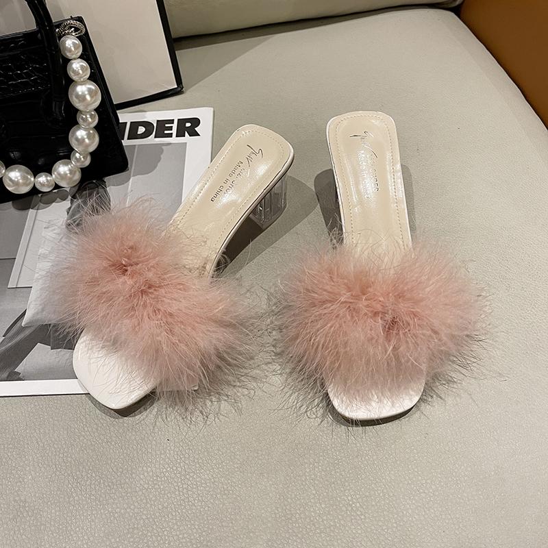 Fashion Aphixta Furry 4.5cm High Heel Slides Sweet Woman Shoes Colorful Fur Design Transportant Heel Slides Sandals Classic Dress Shoes
