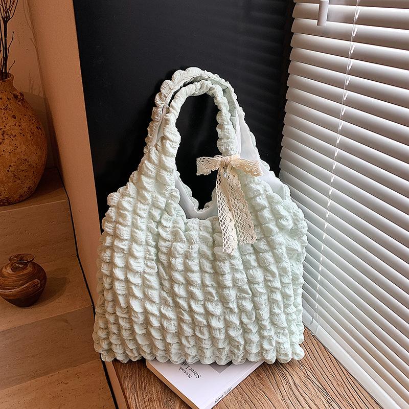 {MX} Cute Soft Polyster Pleated Cloud Bag Large Capacity Shoulder Bag Shopping Handbags Fashion Girls Tote Pouch