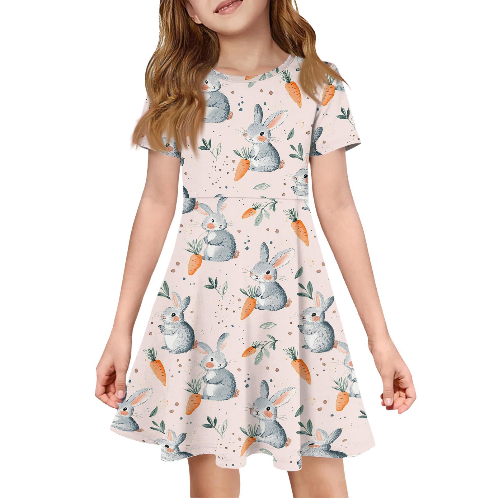 

Girl Summer Dress Color & Print Short Sleeve Dress With Pocket Casual Dress Shorts Sleeve Party Dress Easter Day 130