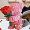 Cute Pink Flower Rose 3D Bear Micro Building Block Toy Educational Toy For Kids Couple Gift Desktop Home Decorations