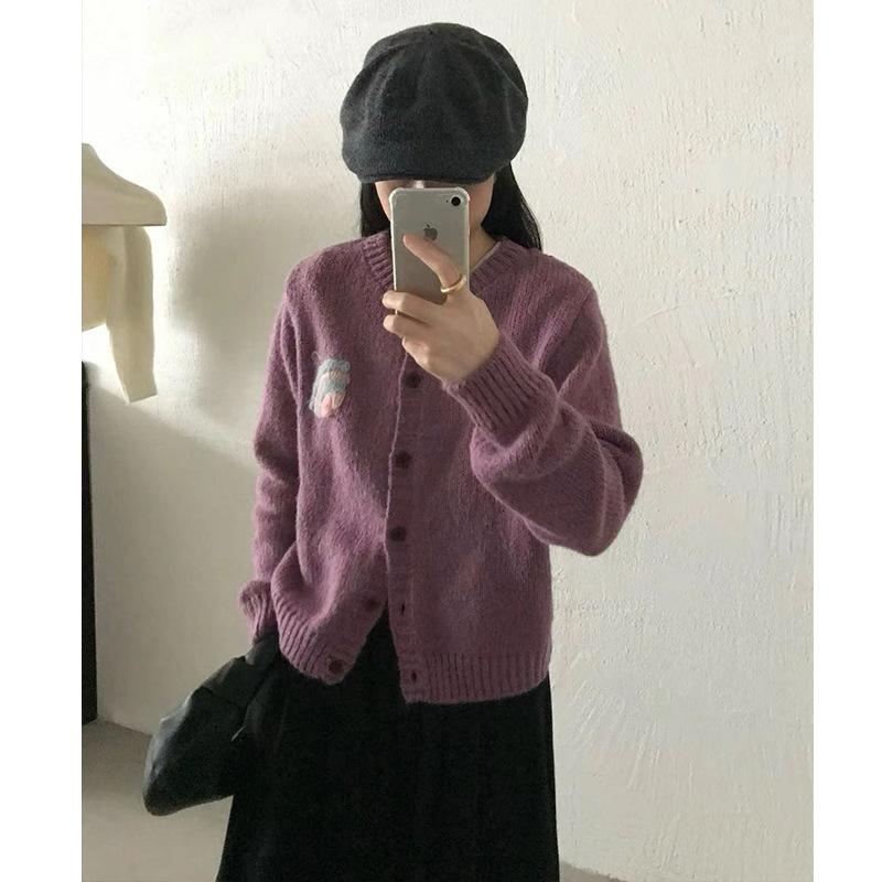 American Personalized Embroidery Pattern Round Neck Long Sleeve Knitted Cardigan Women'S Autumn And Winter Loose Casual Sweater Jacket