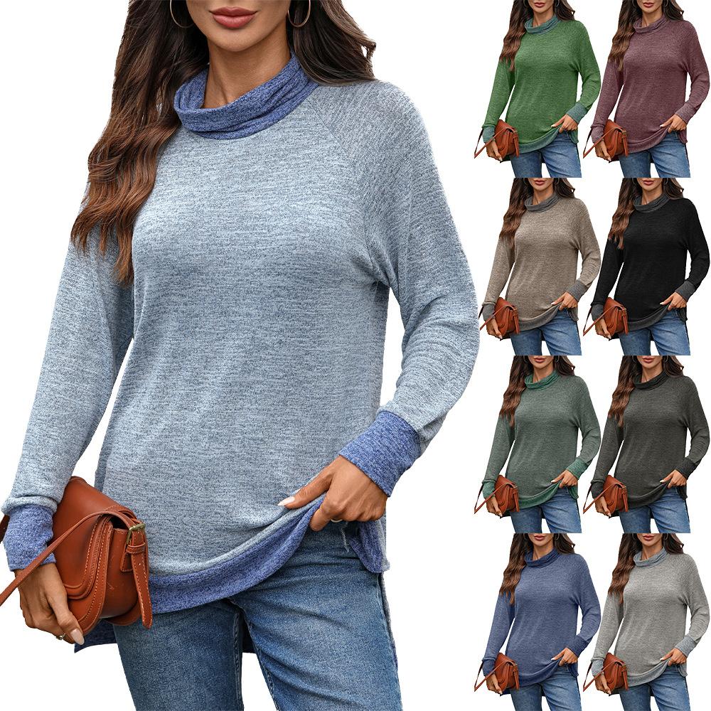 Women's Casual Cowl Neck Long Sleeve Tunic Top Color Block Pullover Shirt Autumn Loose Blouse