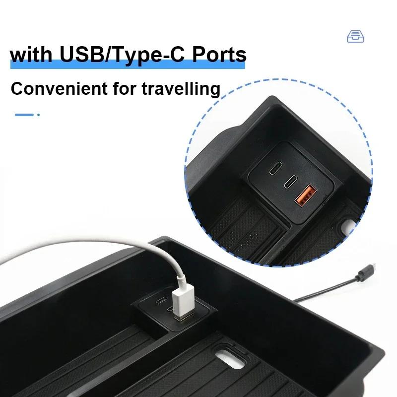 For Tesla Model Y Juniper 2025 Center Control Armrest Storage Box Model3 Highland USB Type C Charging Hub Glasses Clip Organizer