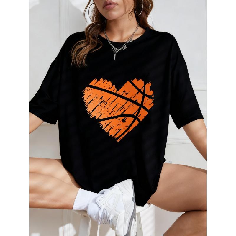 White Oversized T-Shirt With Orange Heart Basketball Print For Casual Wear