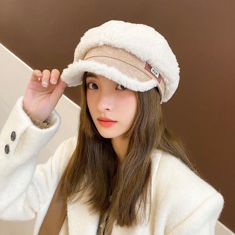 Autumn and winter hats women's imitation lamb wool fashion leather label octagonal hat warm and cold-proof face cap