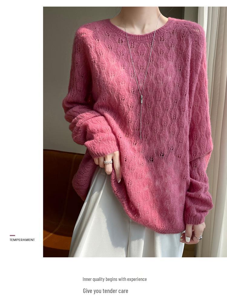 Crochet Hollow Knit Cashmere Sweater - Women's Autumn/Winter Round Neck Loose Fit