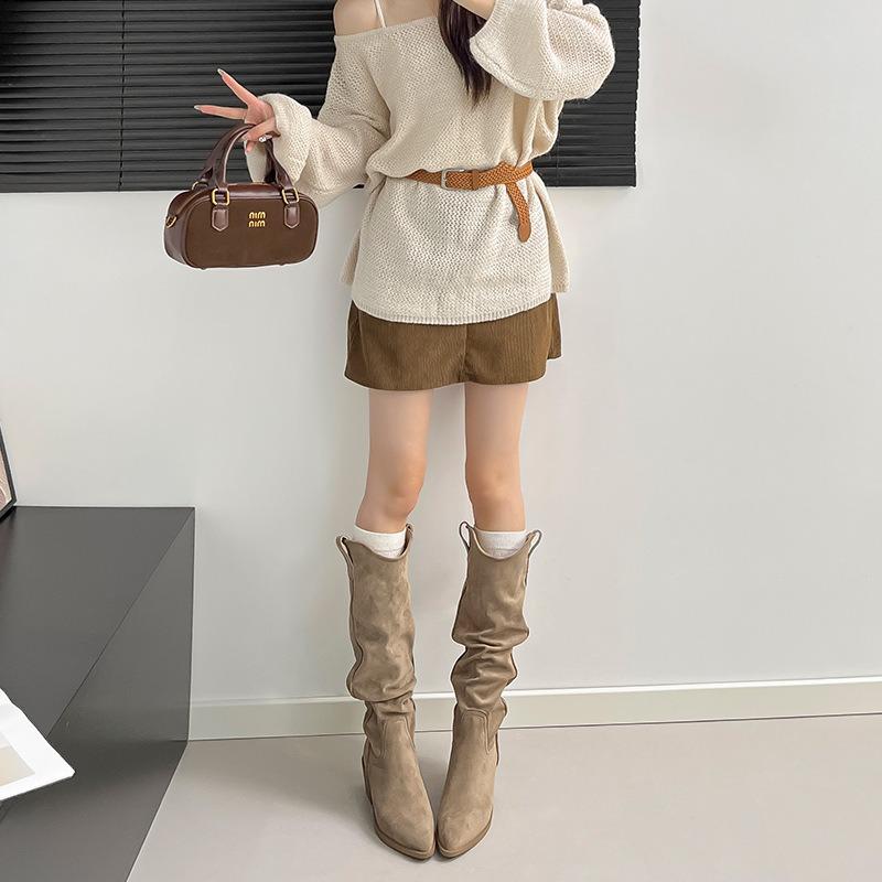 Cow Velvet~ Small Slim Stacking Boots Thick Heel Tall Western Cowboy Boots Soft Sole High Heel Mouth Long Boots Women