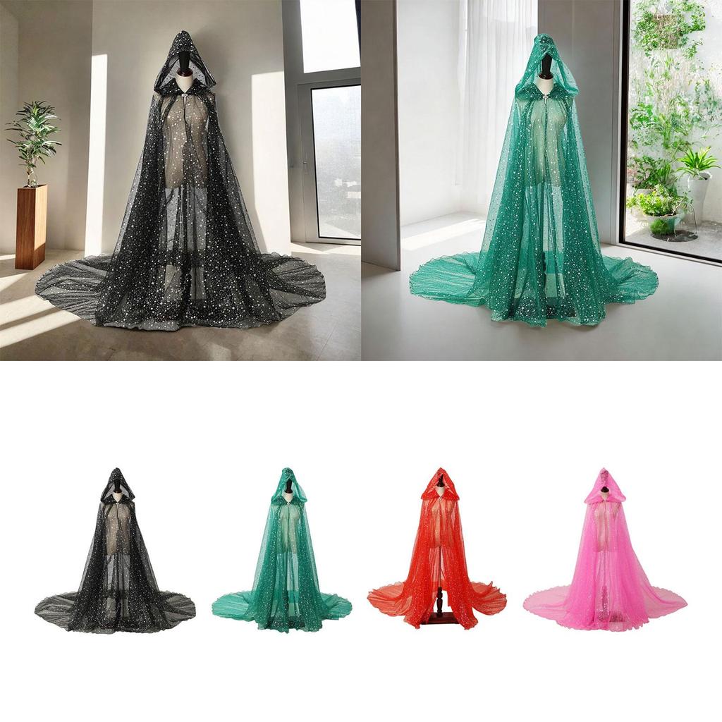 Women Wedding Tulle Cape Shiny Hooded Elf Cloak Bridal Dress