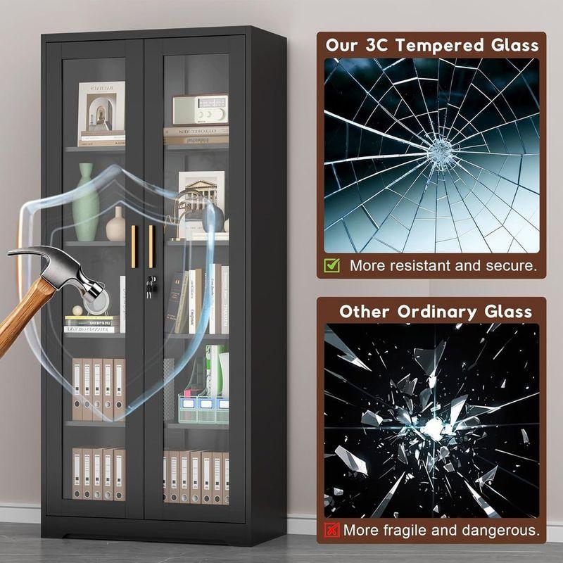 Black Glass-Door Lockable Display Cabinet with 4 Adjustable Shelves, Ideal for Liquor, Books, and Living Room Storage