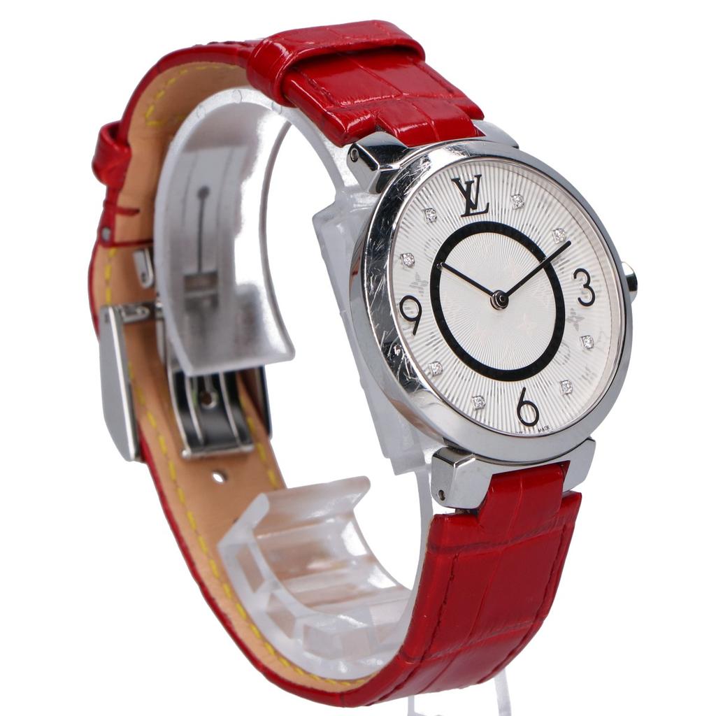 LOUIS VUITTON Q13MJ Tambour Slim Monogram Dial 8P Diamond Quartz Watches Red alligator beltUsed