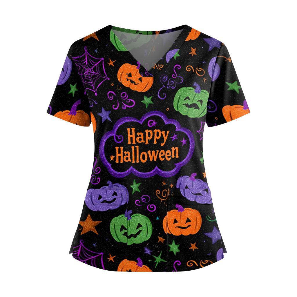 Women V Neck Short Sleeve Top with Dual Side Slits and Pockets Halloween Themed Printed Shirt for Professional Use