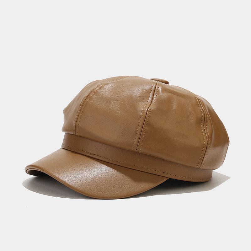 Retro Fashion Ladies' PU Leather Octagonal Hat Versatile Temperament Circumference Korean Streetwear Accessory crochet beret cap