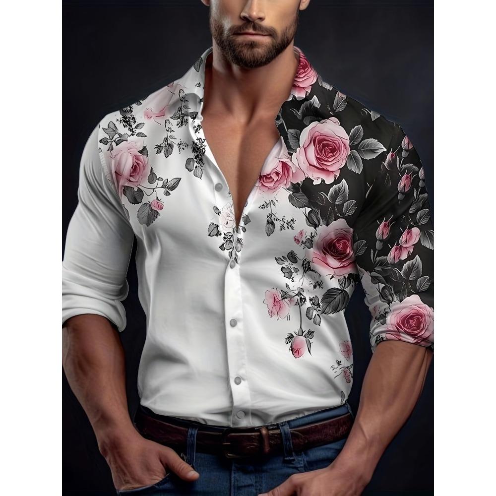 Men's Contrasting Rose Print Long Sleeved Shirt with Slim Fit Collar Shirt for Vacation Parties and Street Fashion Tops