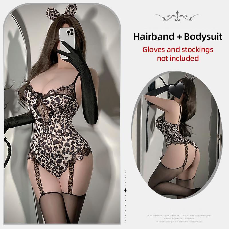 Sexy Underwear Pure Desire Lace Perspective Leopard Girl Seduction Sexy Conjoined Explosion Pajamas