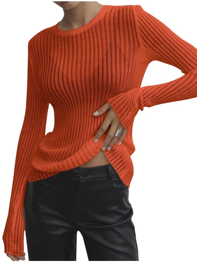 

Весна Лето Однотонный Длинный Рукав В рубчик Круглый Вырез Дышащий Вязаный Топ для Женщин Смесовый Удобный Универсальный Подкладка Длинный Рукав Свитер L