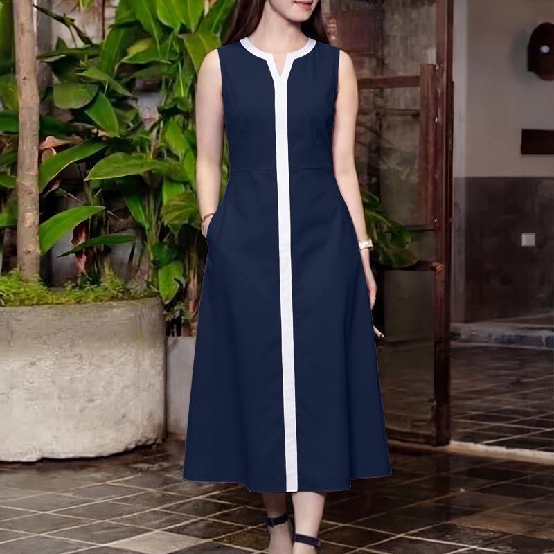 ZANZEA Women Summer V-neck Casual Contrast Color Loose Sleeveless Dress S