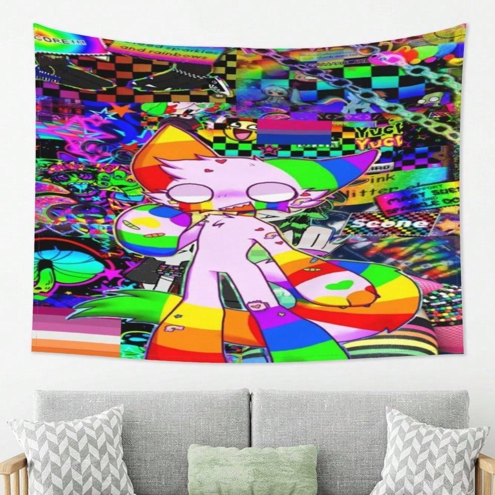 

2D Flat Printing Rainbow Furry Tapestry Cute Cartoon Fursona Print Wall Hanging for Teen Bedroom Dorm Room EDM Scene Decor Multi 74x94cm(29x37in)