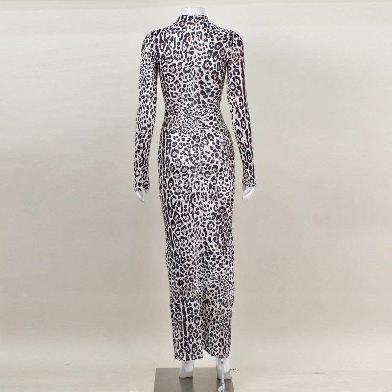 Women's Round Neck Long Sleeve Tight Bag Hip Slit Sexy Hot Casual Fashion Leopard Print Dress