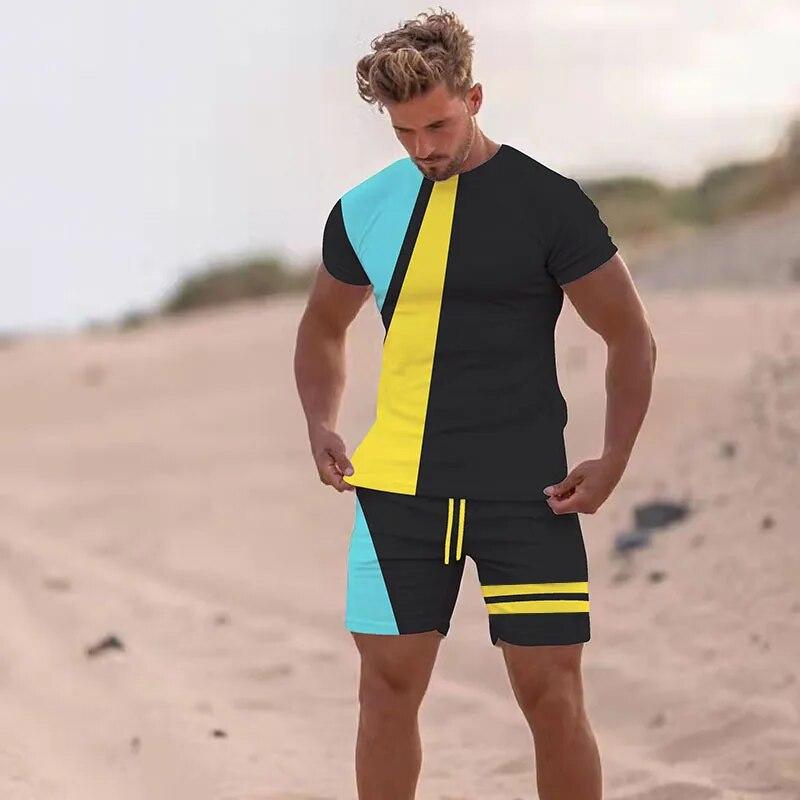 Summer Men Beach T Shirt Tracksuit 2 Piece Sets 3D Print All-Match Sports Short Sleeve Round Neck Casual Style Clothing 6XL