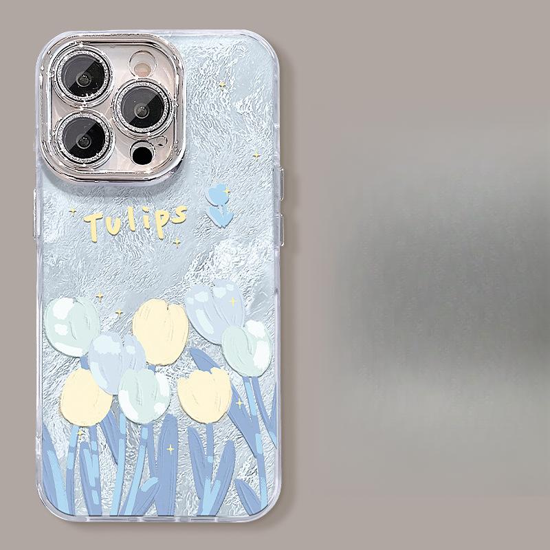 Pink Florals Suitable for Apple 16pro Glacier Pattern Mobile Phone Case 15 Full-inclusive Lens Film 14 Spring and Summer 13 Small Fresh X
