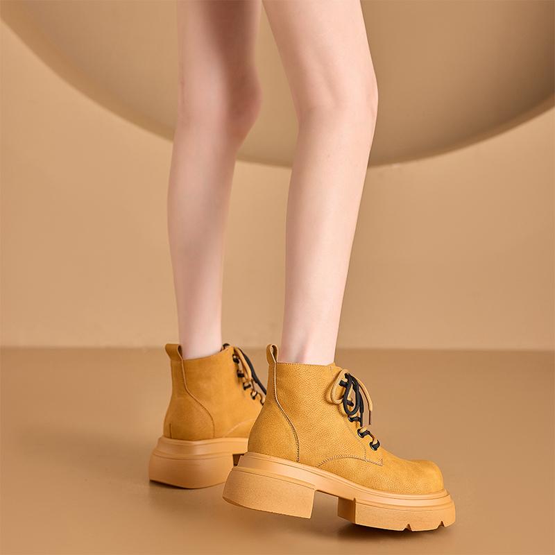 Women's Ankle Boots and Short Boots Thick-soled Casual Yellow Women Boots Plus Size Lace-up Motorcycle Boots Female