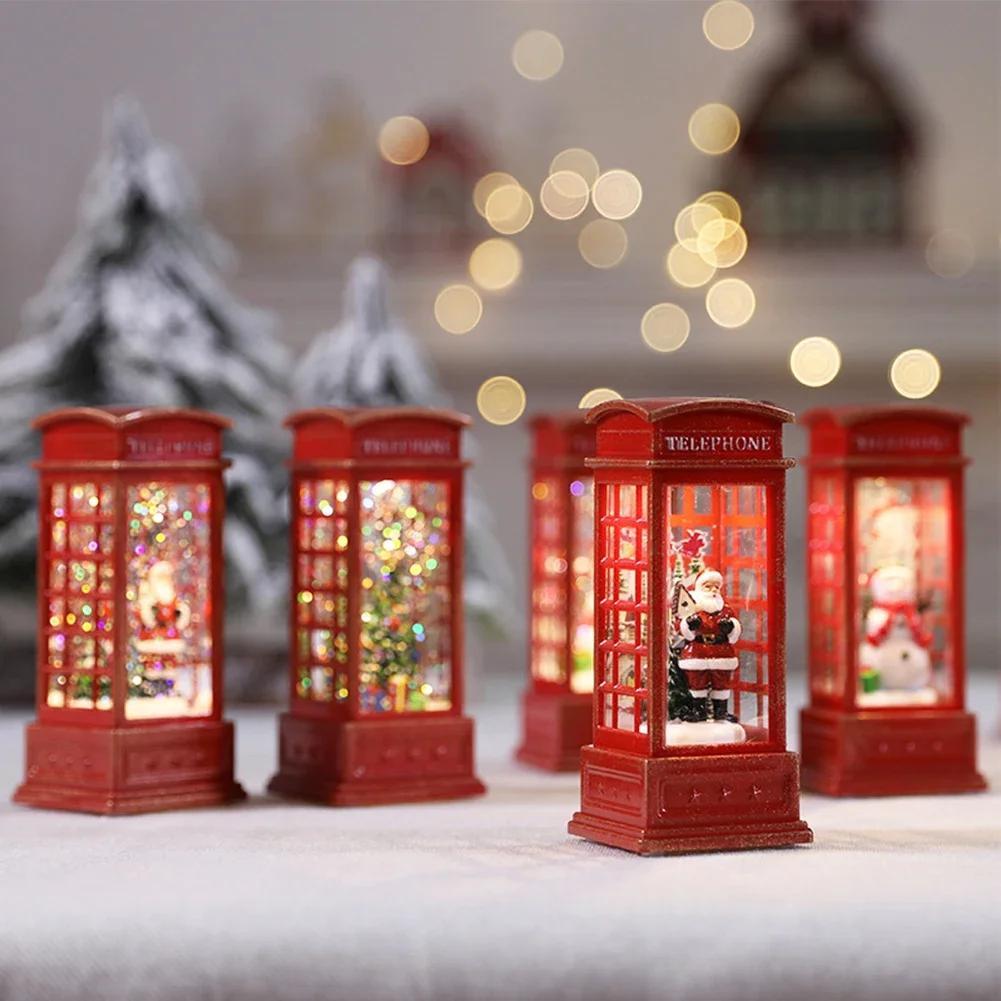 Festive Christmas Telephone Booth Decor Bright Desktop Ornaments Battery Powered Red Telephone Booth Lantern  Party Prop for Home Bedroom
