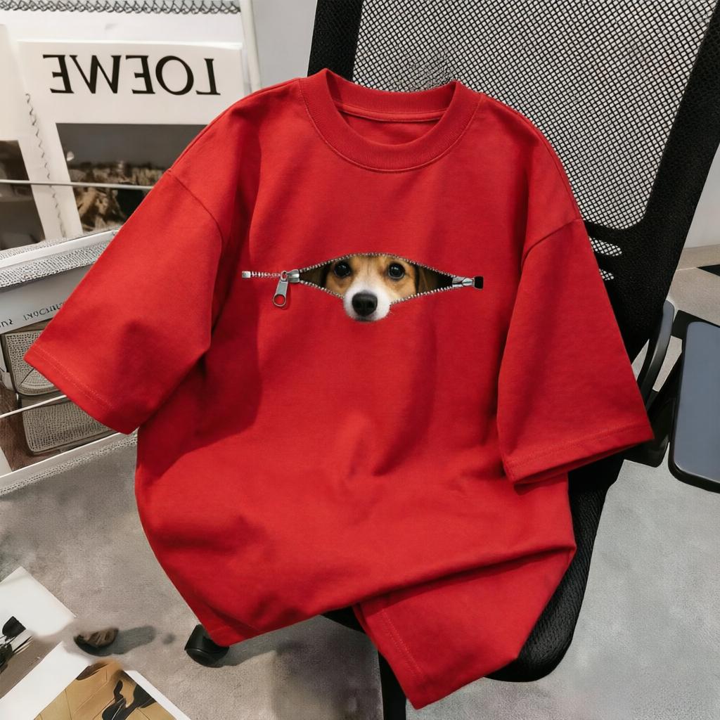 Cute Dog Peeking Zipper Design TShirt Unisex Women Casual Cotton Funny Animal Print Streetwear Tops
