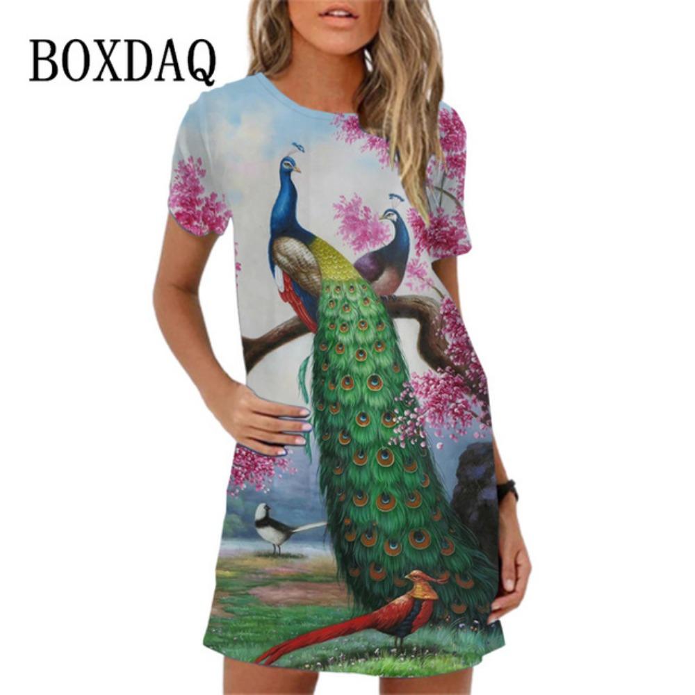 Sweet and Cute 3d Printed Women's Dress 2026 New Summer Short-sleeved Peacock Pattern Loose A-line Loose Casual Dress