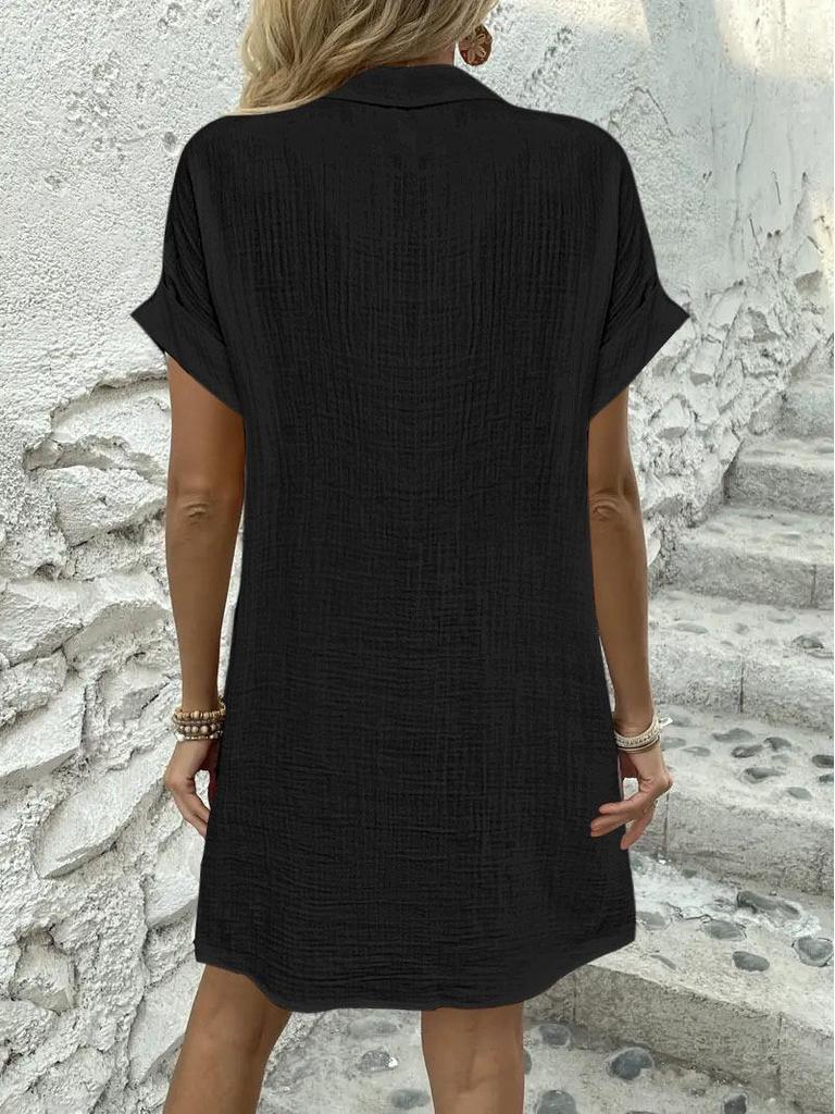 In-Stock European & American Summer Solid Color Casual Lapel Button Shirt Dress for Women