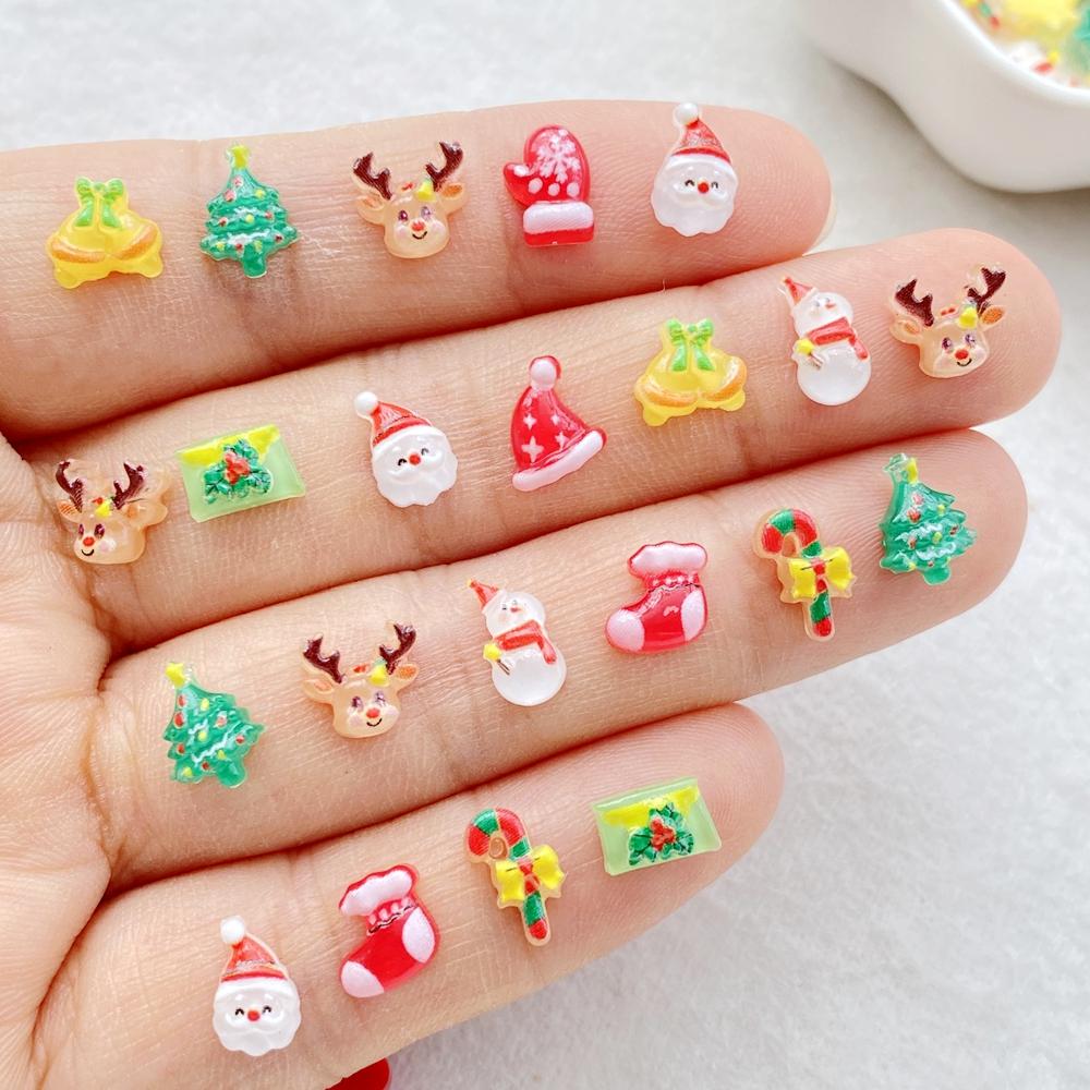 50pcs Resin Mini Cartoon Santa Claus Snowman Deer Bell Cane Christmas Tree Flat Back Nails Art Decor DIY Scrapbook Accessories