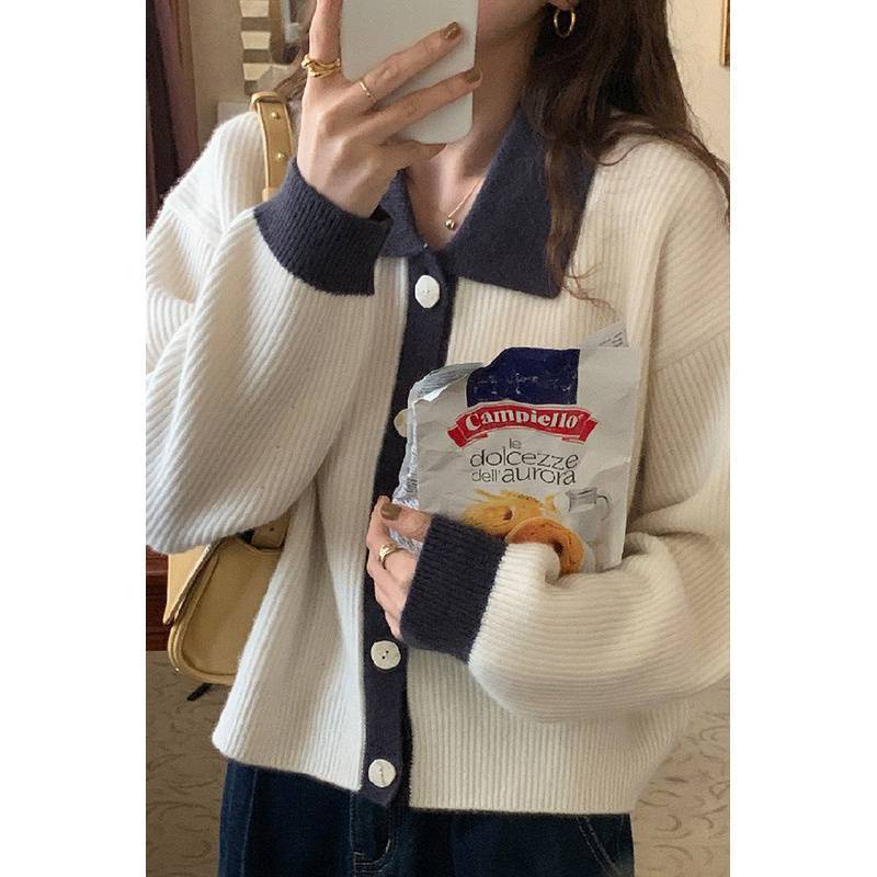 Autumn and winter retro lapel color contrasting thickened knitted cardigan women's short long-sleeved lazy loose polo neck sweater jacket