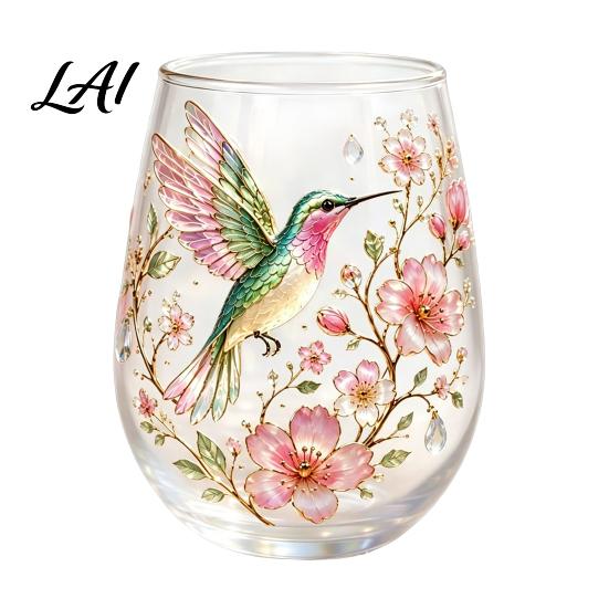 Wine Glass Without Stem Hummingbird Morning Cup 18oz Floral Garden Tea for