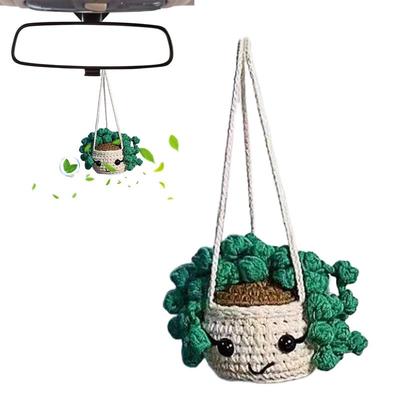 Crochet Plant Hanging Decor Car Rearview Mirror Hangable Ornament Car Cotton Knit Plant Interior Accessories For The Car